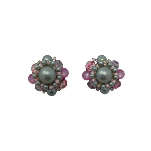 Vintage Beaded Pearl Cluster Earrings | Hand-Beaded Floral Design | 1.25" - Picture 1 of 5